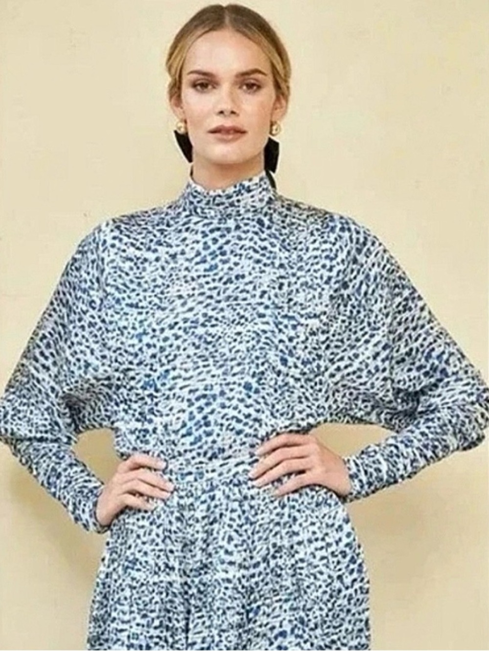 Hunter Bell Isabel Mock Neck Long Sleeve Top in Terrazzo Leopard Blue, Size XS